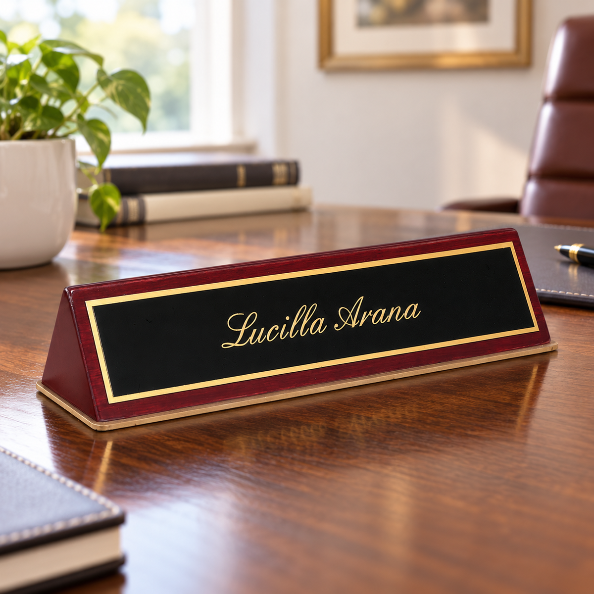 Piano Finish Desk Wedge with Engraved Plate — shown in an office setting