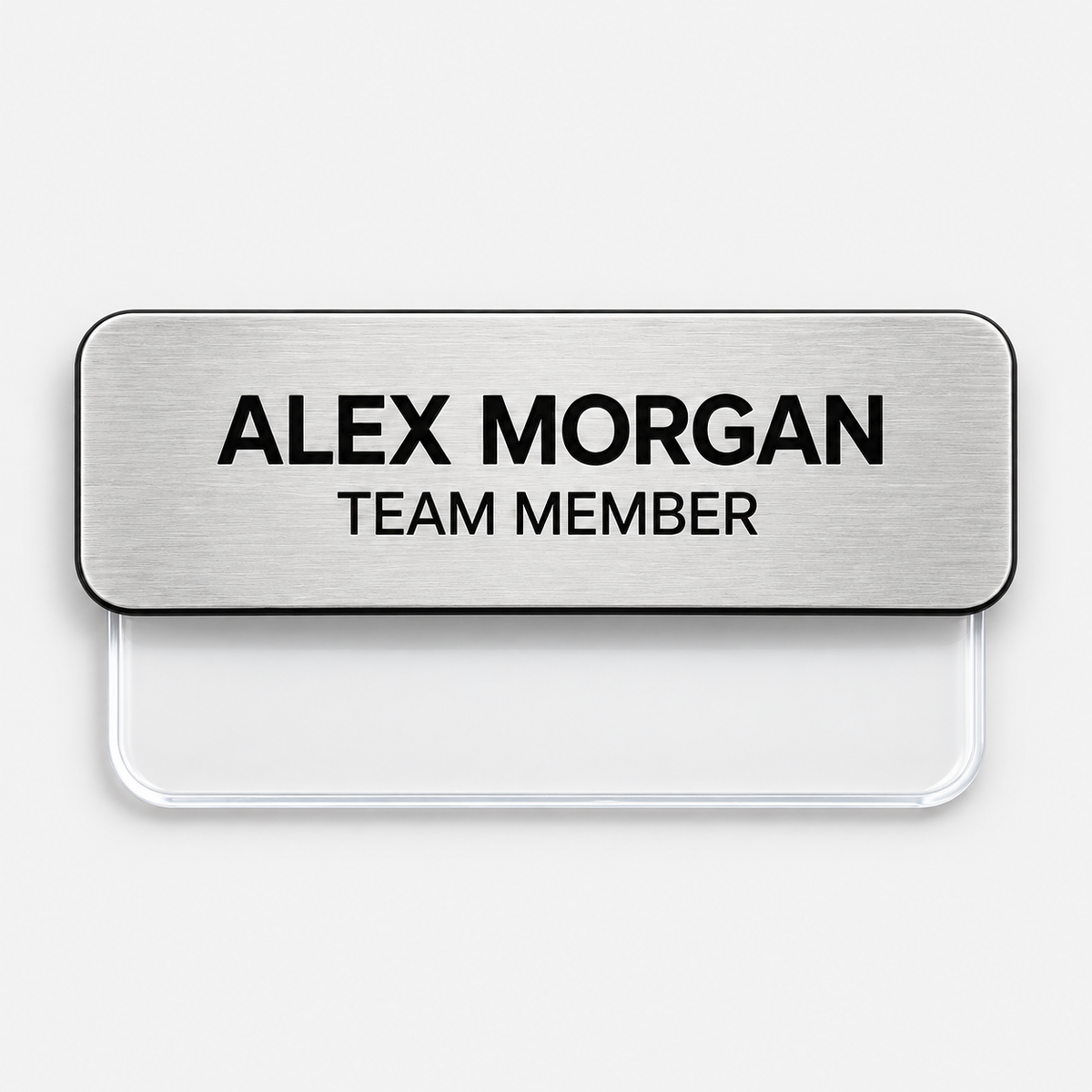 1 x 3 inch silver engraved plastic pocket name badge with clear pocket backing