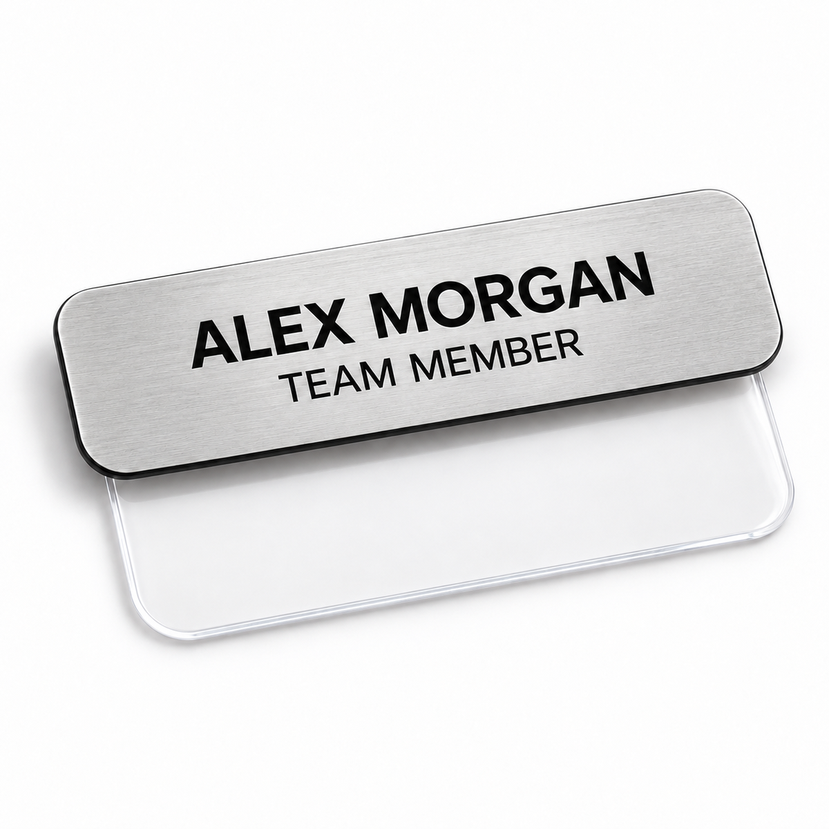 Silver engraved plastic pocket name badge with sample name and clear pocket holder