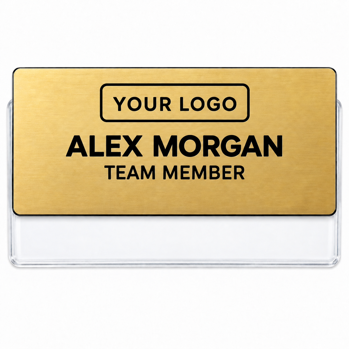 Gold engraved plastic pocket name badge with YOUR LOGO placeholder, sample name and clear pocket holder