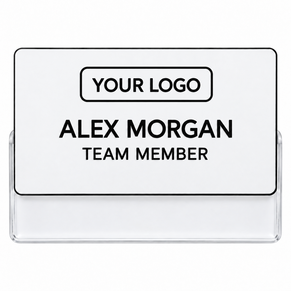 White engraved plastic pocket name badge with YOUR LOGO placeholder, sample name and clear pocket holder