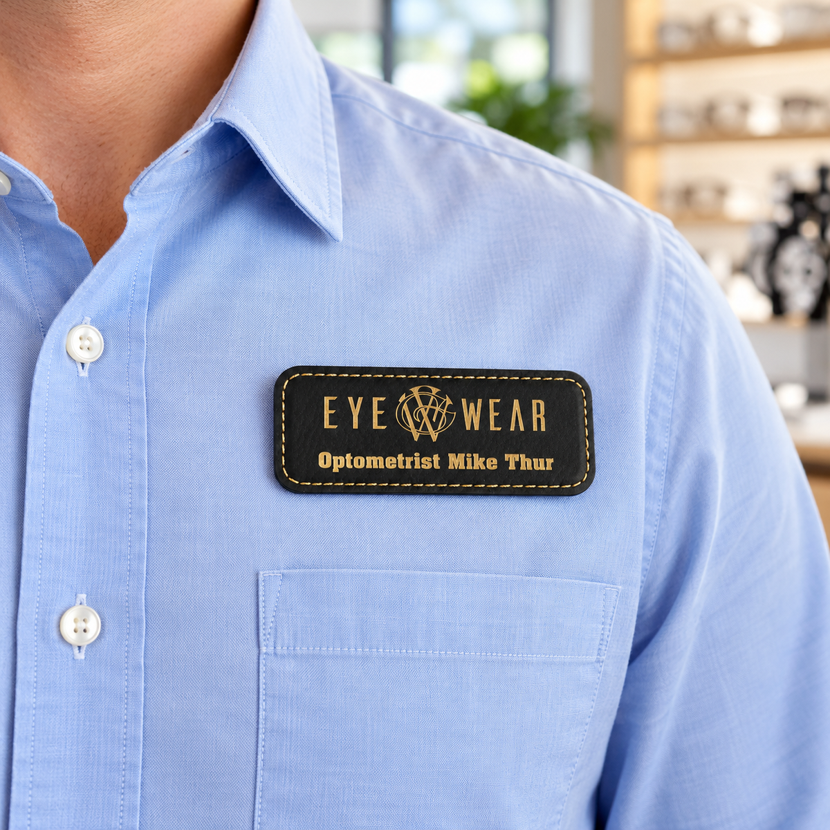 Rectangular Leatherette Name Badge worn on clothing — lifestyle example