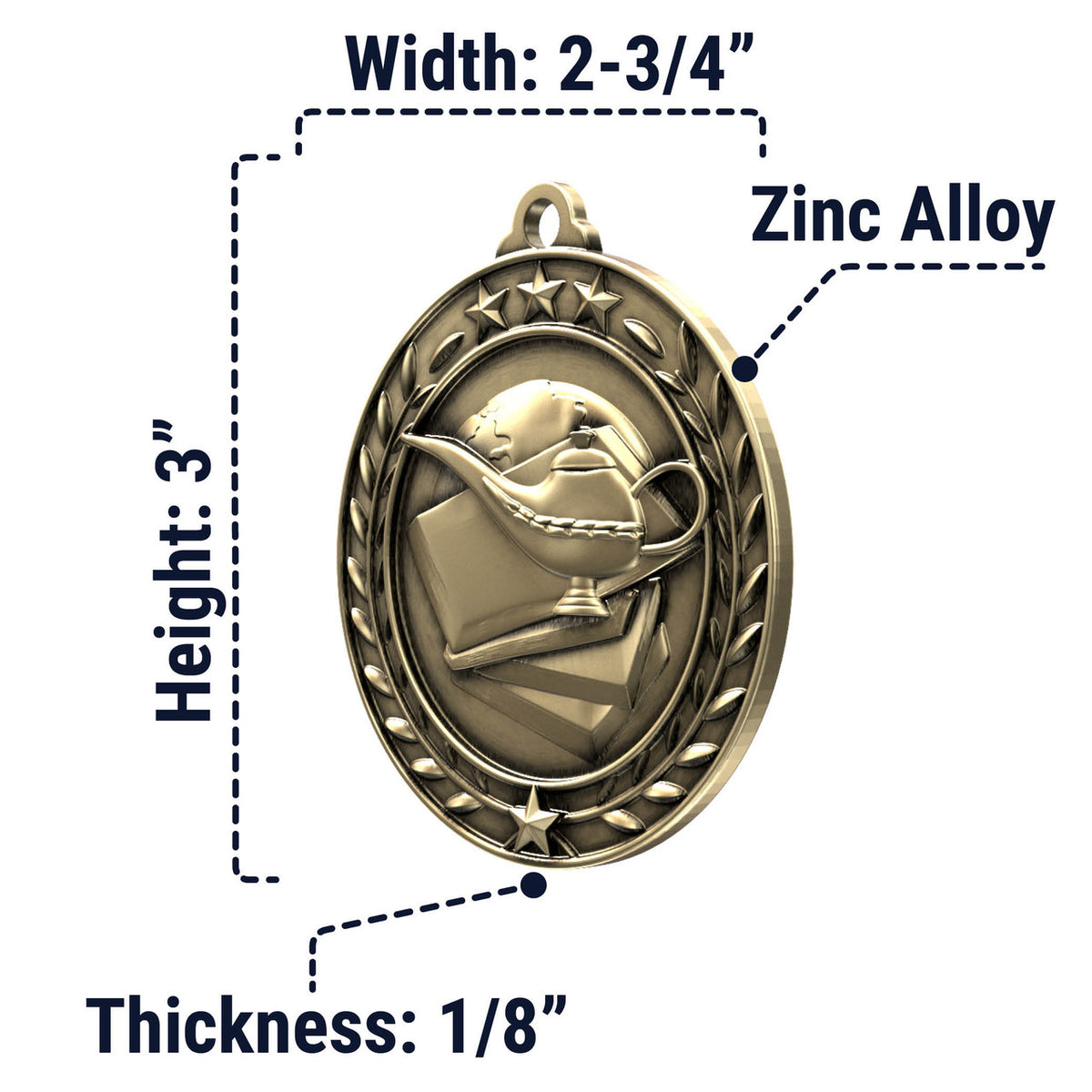 Wreath Antique Medallion — Scholastic / Gold / 2.75 in, SIMWAM108-004, supplier dimensions photograph