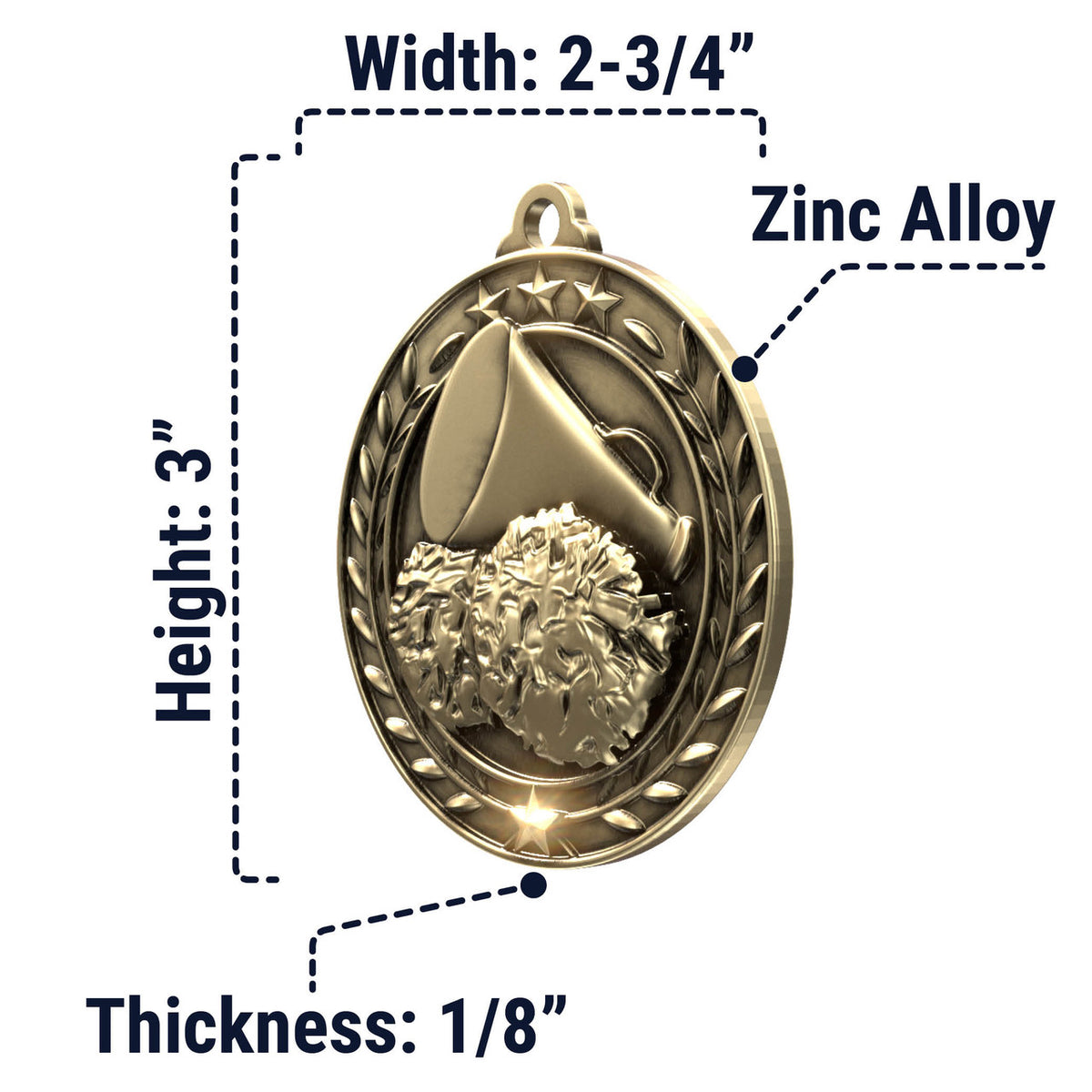 Wreath Antique Medallion — Cheerleading / Gold / 2.75 in, SIMWAM110-004, supplier dimensions photograph