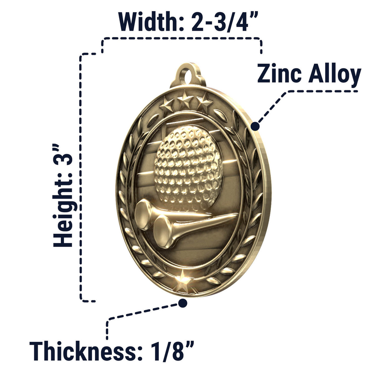Wreath Antique Medallion — Golf / Gold / 2.75 in, SIMWAM126-004, supplier dimensions photograph