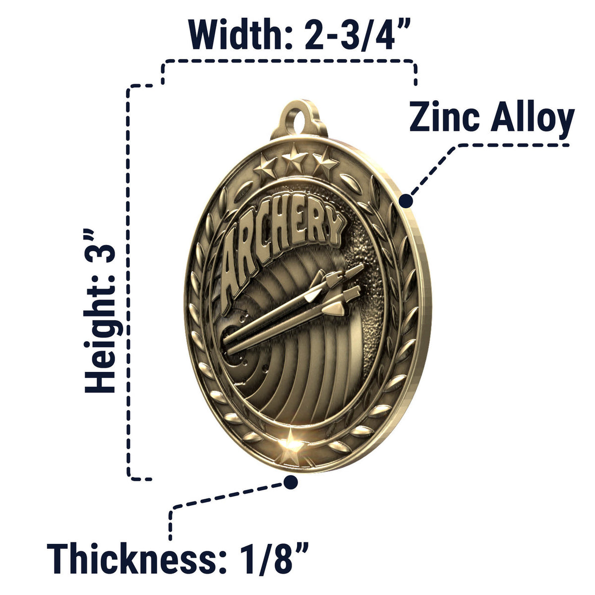 Wreath Antique Medallion — Archery / Gold / 2.75 in, SIMWAM133-004, supplier dimensions photograph