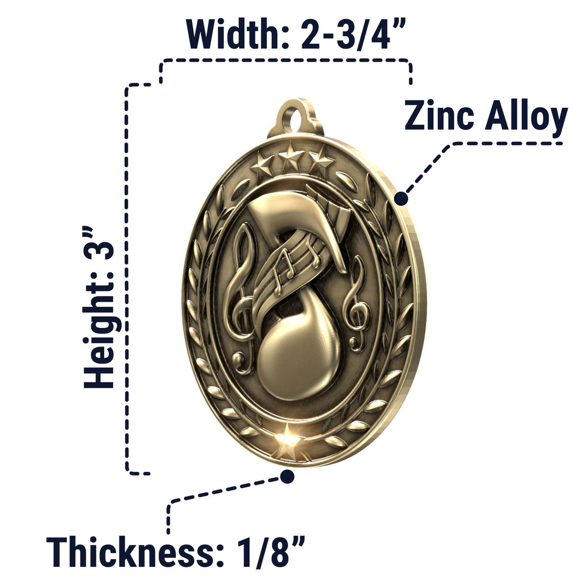 Wreath Antique Medallion — Music / Gold / 2.75 in, SIMWAM143-004, supplier dimensions photograph