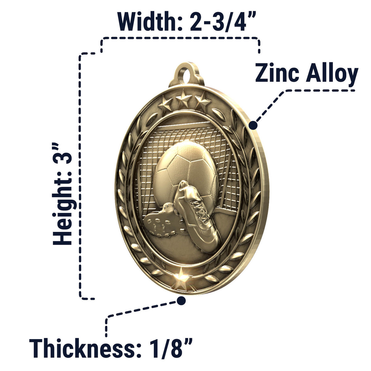 Wreath Antique Medallion — Soccer / Gold / 2.75 in, SIMWAM160-004, supplier dimensions photograph