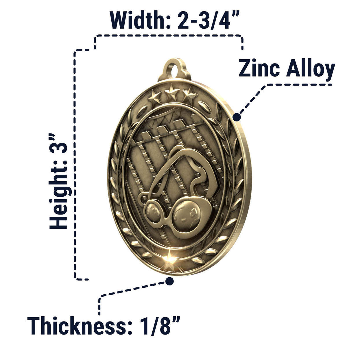 Wreath Antique Medallion — Swimming / Gold / 2.75 in, SIMWAM170-004, supplier dimensions photograph