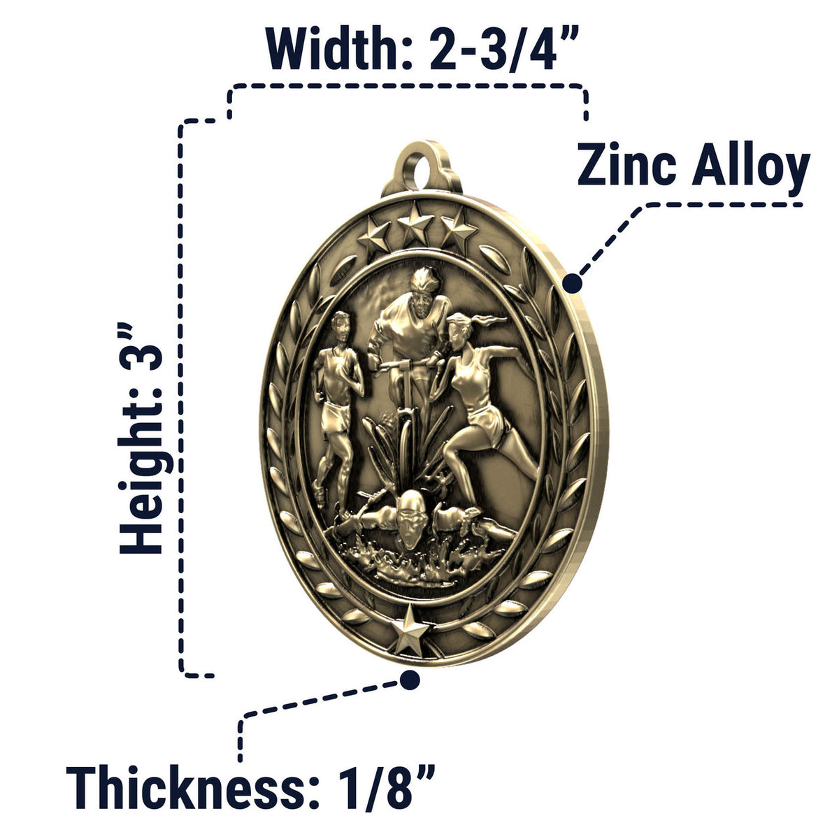 Wreath Antique Medallion — Triathlon / Gold / 2.75 in, SIMWAM178-004, supplier dimensions photograph