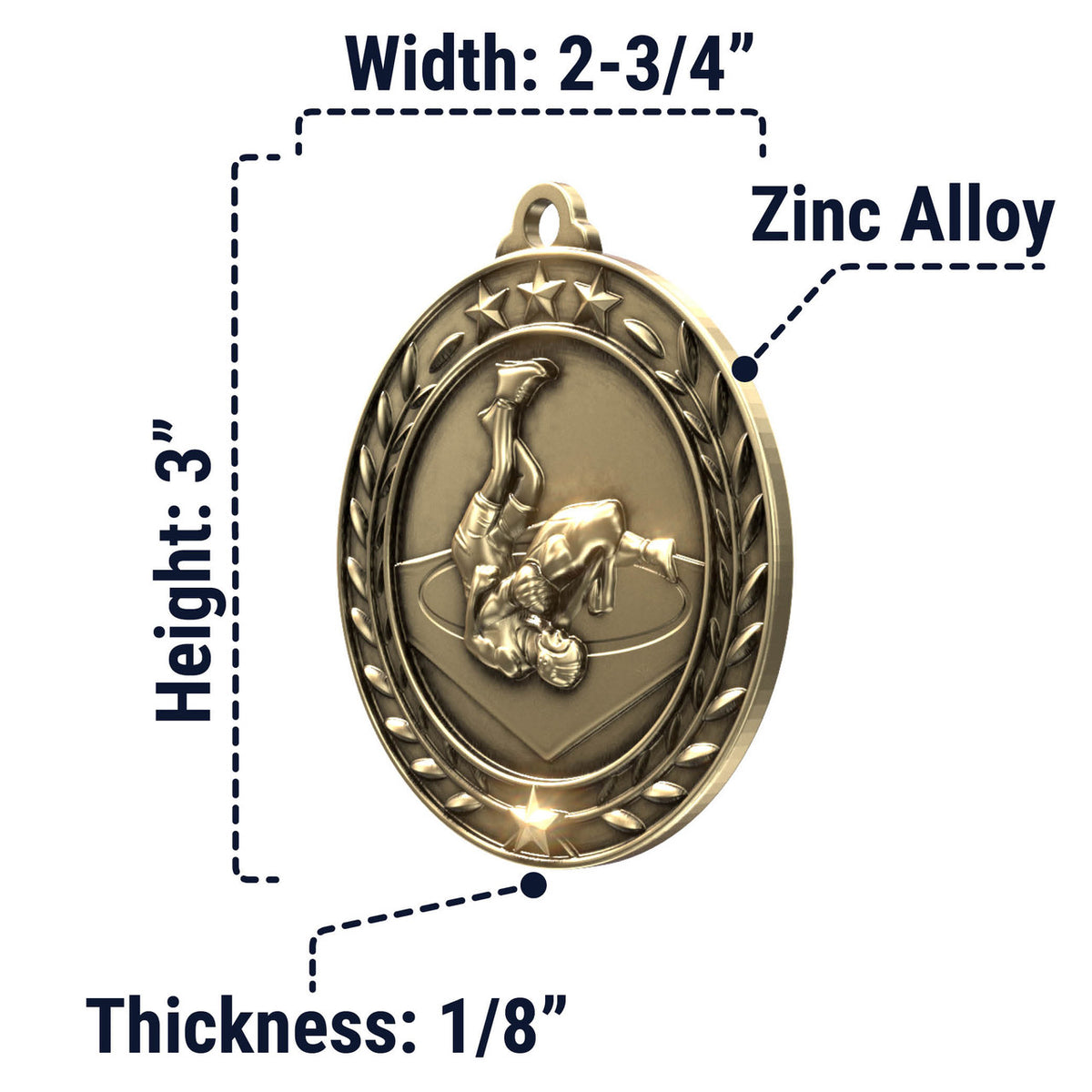Wreath Antique Medallion — Wrestling / Gold / 2.75 in, SIMWAM190-004, supplier dimensions photograph