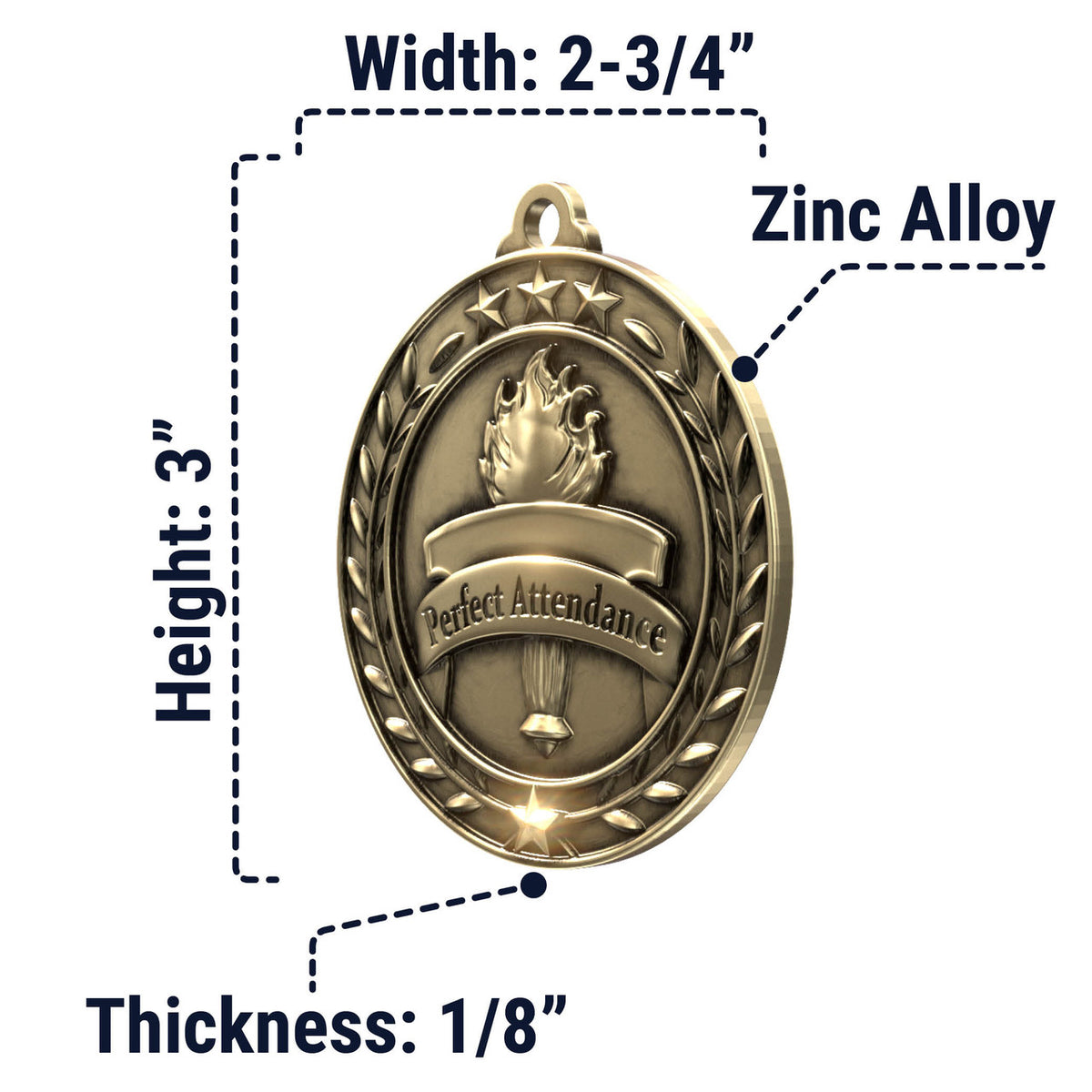 Wreath Antique Medallion — Perfect Attendance / Gold / 2.75 in, SIMWAM199-004, supplier dimensions photograph