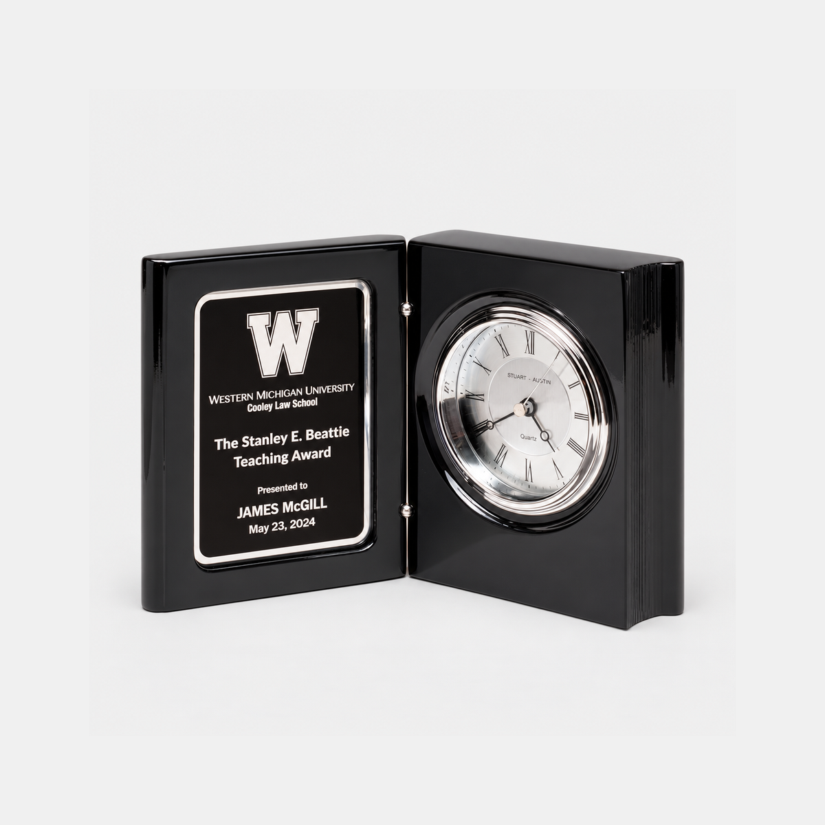 Black Piano Finish Book Clock — studio product photo