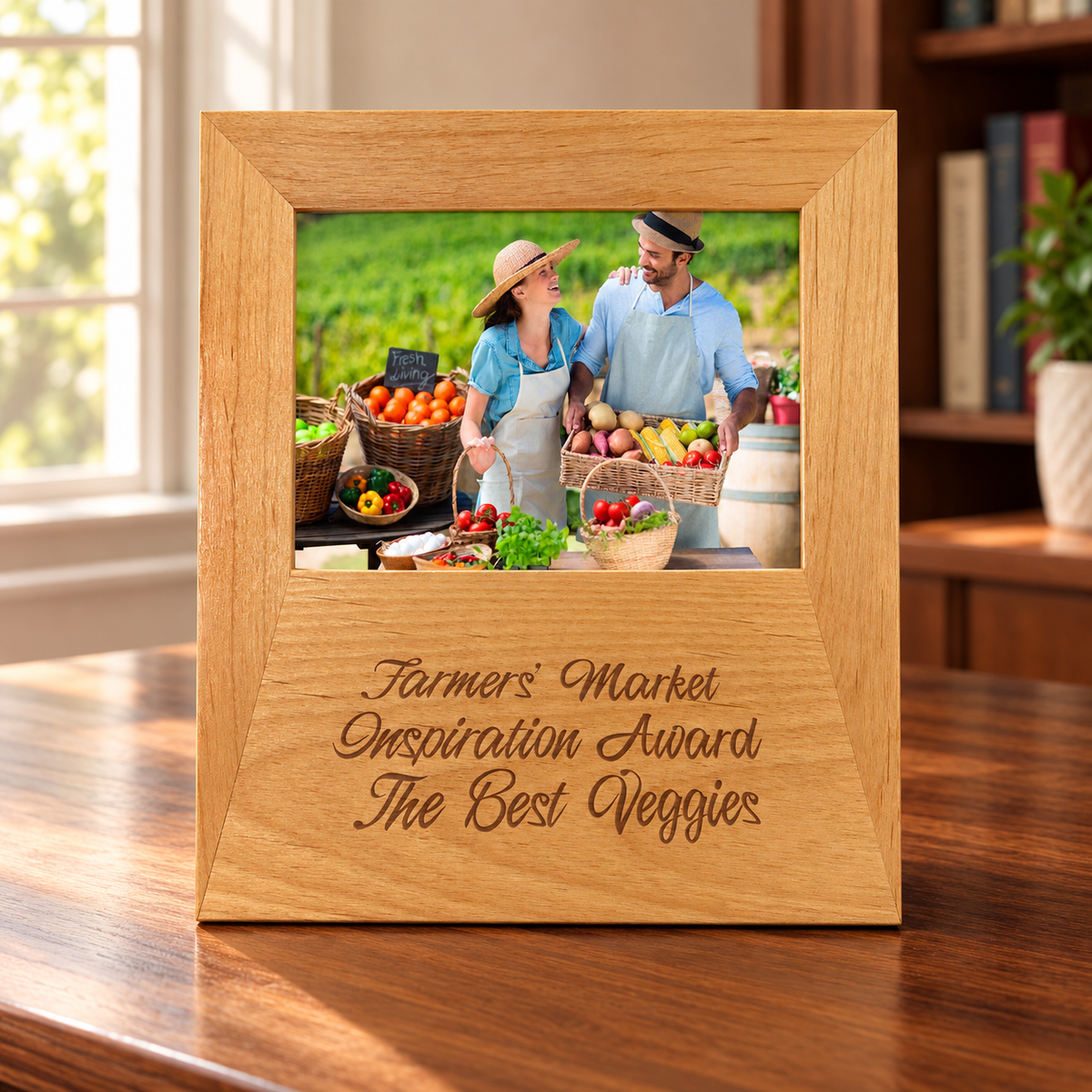 Genuine Red Alder Picture Frame with Large Engraving Area displayed in a home or office setting