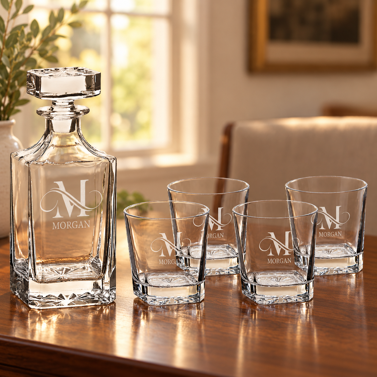 Polar Camel Square Decanter Set with Four Glasses and Gift Box displayed in a home or office setting
