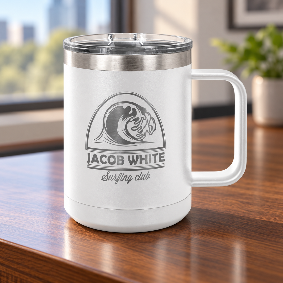 15 oz. Stainless Steel Vacuum Insulated Mug with Slider Lid displayed in a home or office setting