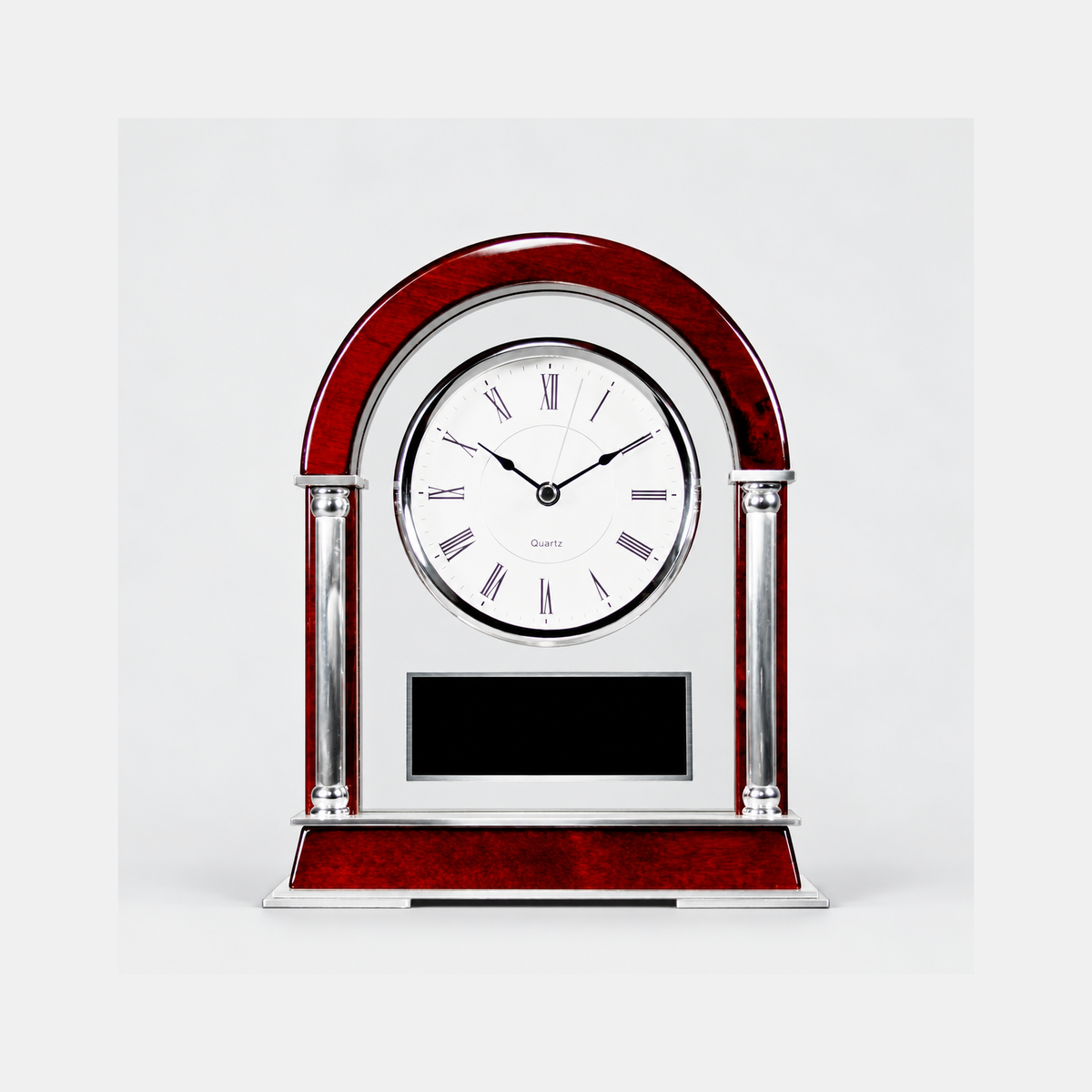 Rosewood And Silver Arched Mantle Clock — studio product photo