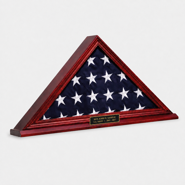 Mahogany Finished Flag Case with black and gold engraved plate