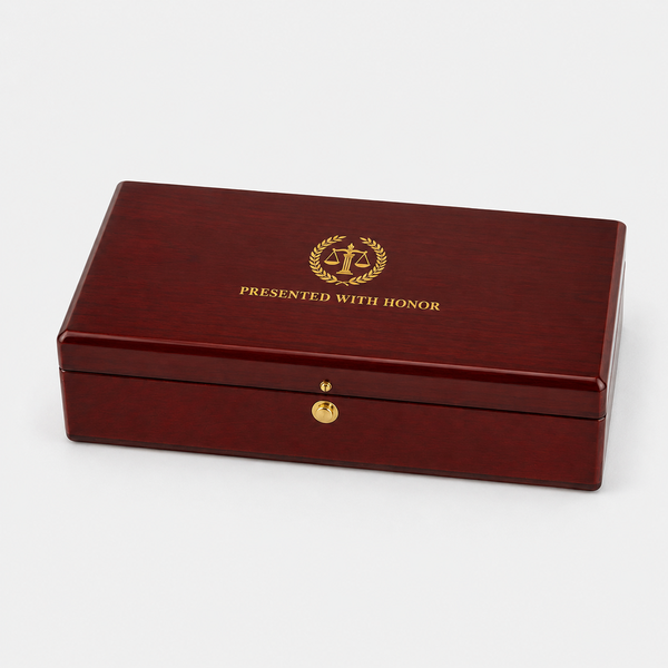 Rosewood Gavel And Case - closed case with gold engraving