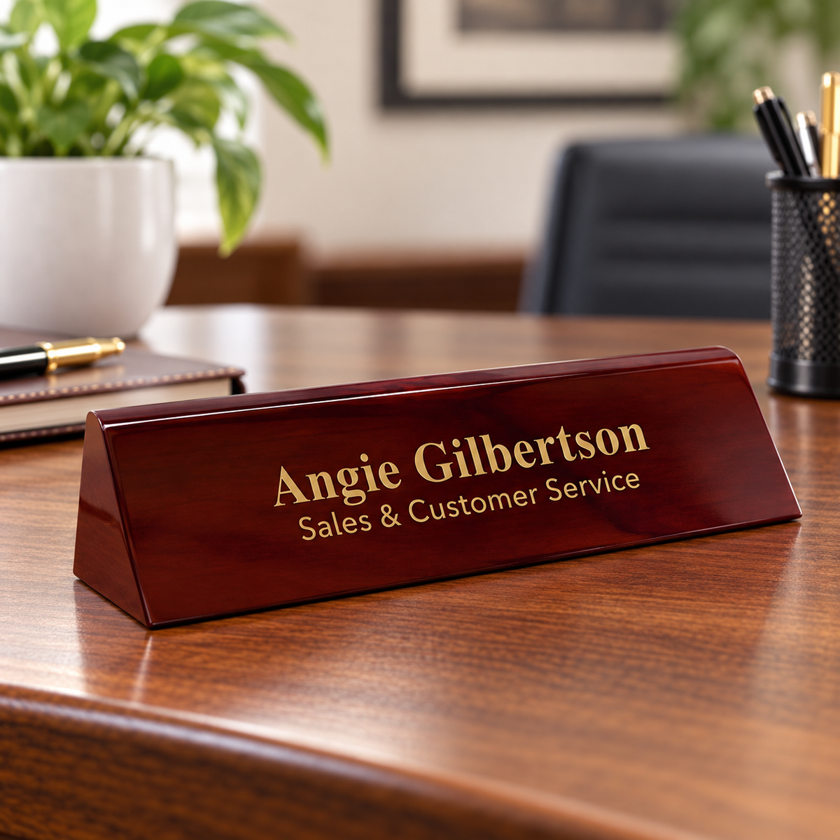 Direct engraved rosewood piano finish desk wedge on an office desk
