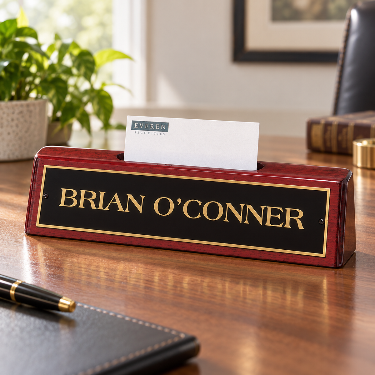Rosewood Piano Finish Nameplate with Business Card Holder — shown on an office desk