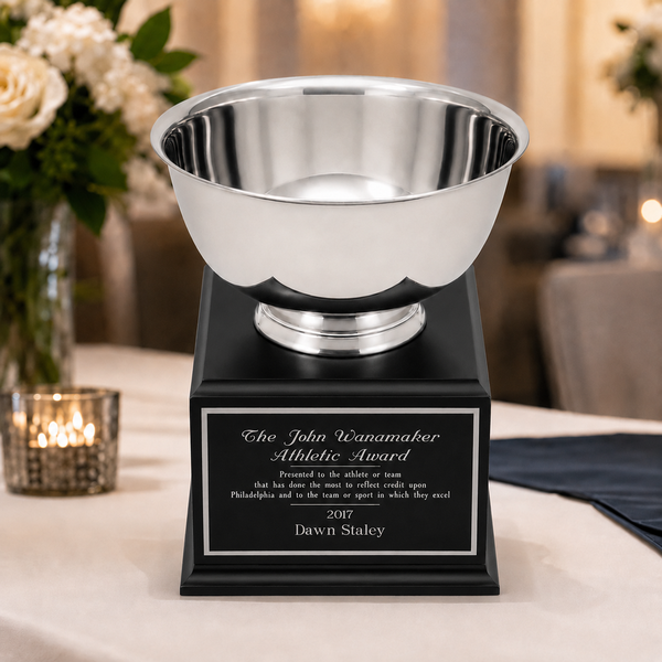 Silver Bowl On Box Base - black base - lifestyle
