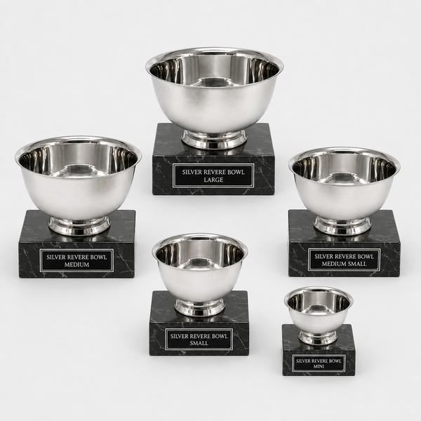 Silver Revere Bowl size range on black marble bases
