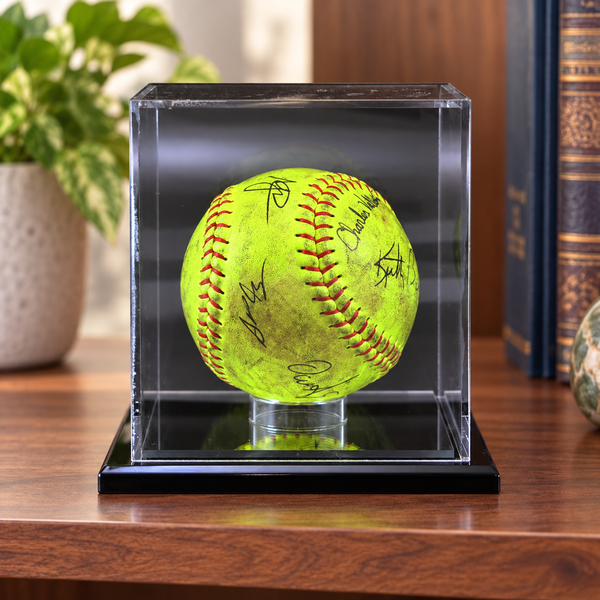 Softball Display Case displayed in a home office
