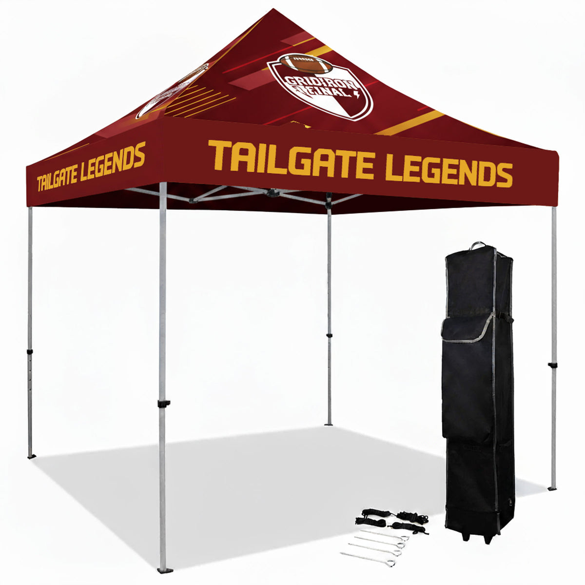 Custom printed canopy on a conventional steel frame, with included wheeled carry bag and stake kit.