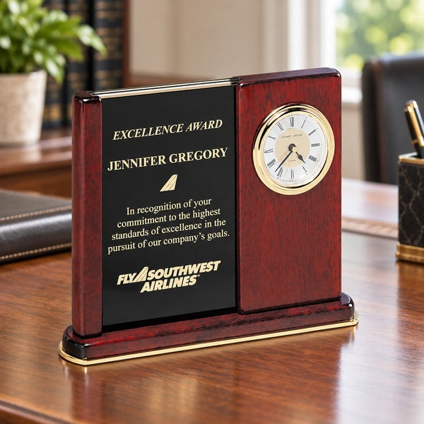 Versatile Clock Rosewood Piano Finish Desk Clock in an office setting