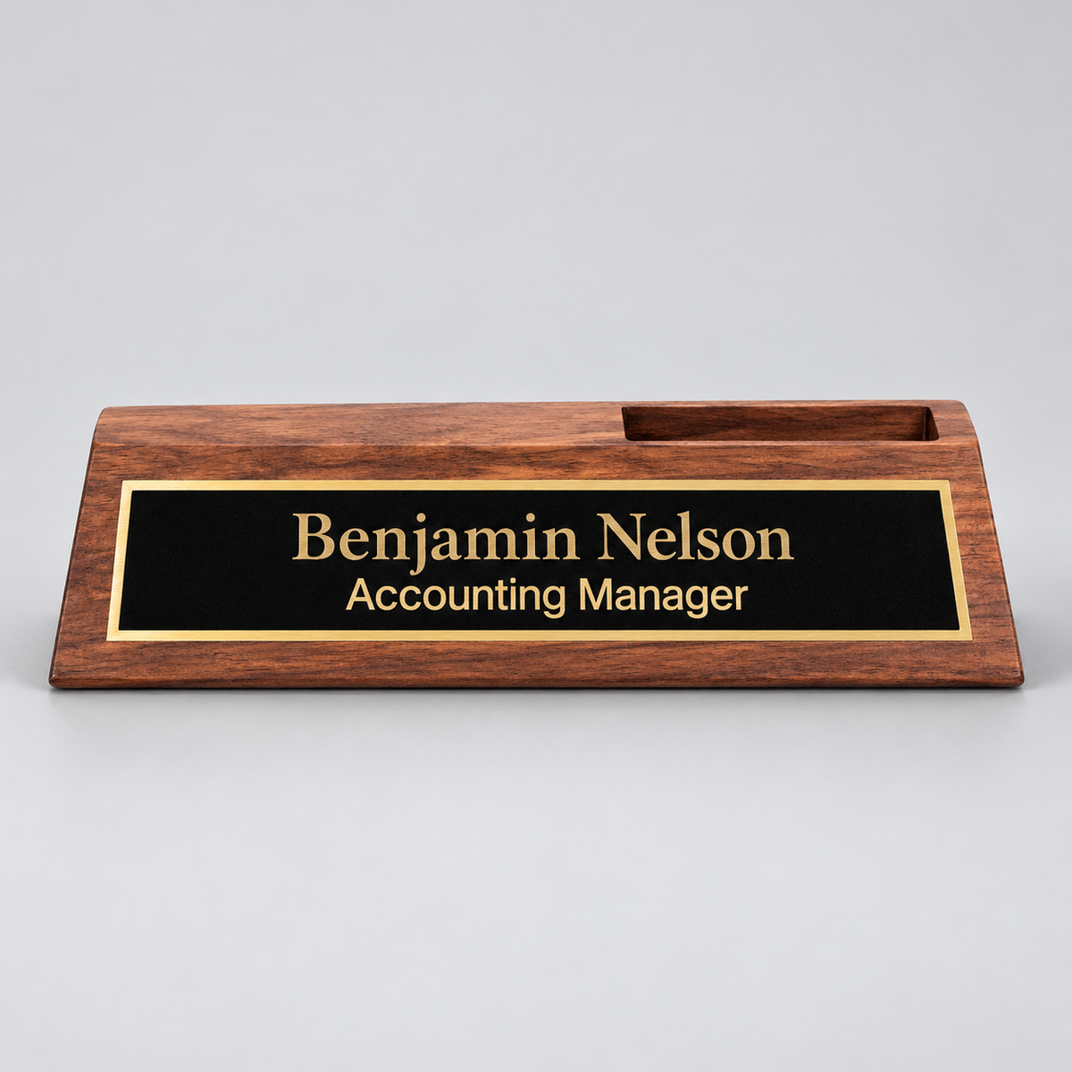 Walnut desk nameplate with card holder and black and gold plate