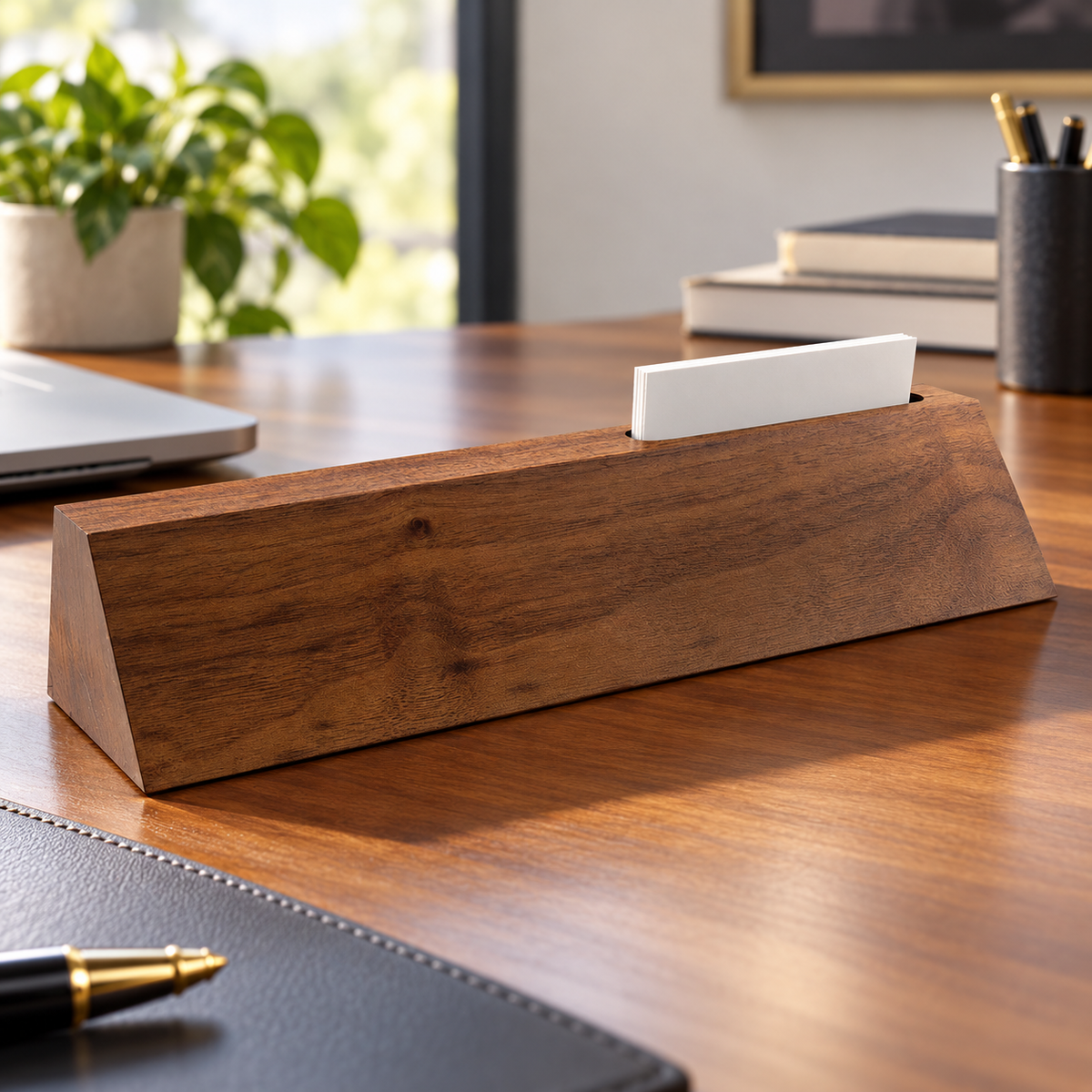 Walnut Desk Nameplate with Business Card Holder — shown on an office desk