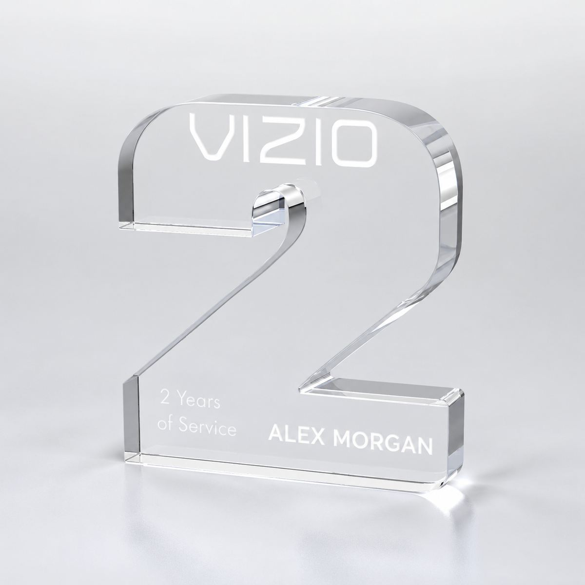 Clear engraved acrylic 2 year milestone award — personalization example