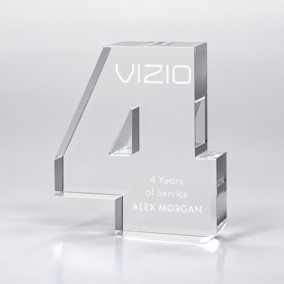 Clear engraved acrylic 4 year milestone award — personalization example