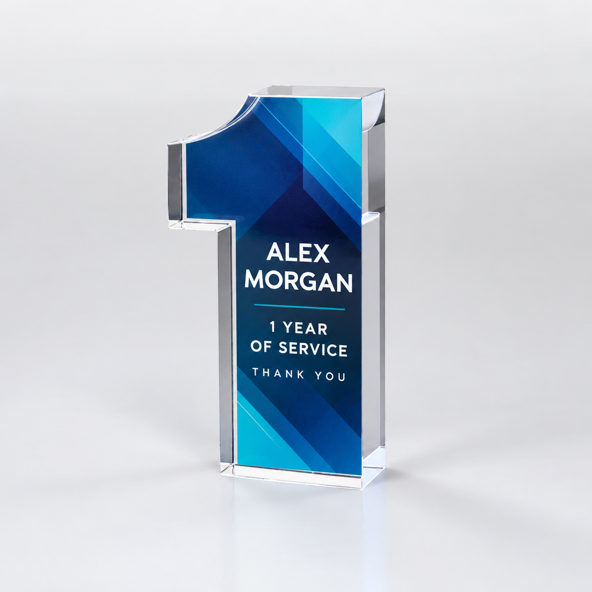 Custom full-color acrylic 1 year milestone award — personalization example