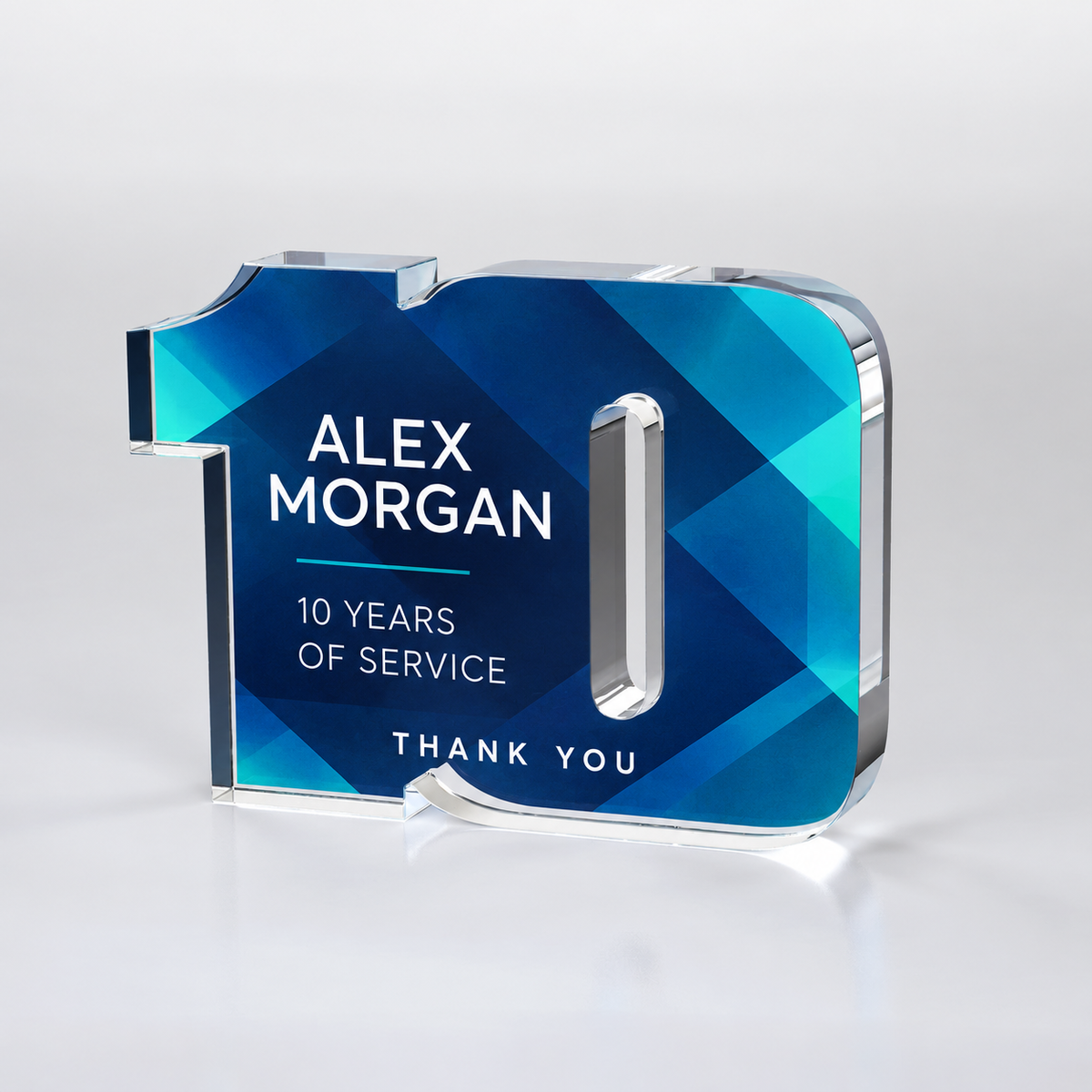 Custom full-color acrylic 10 year award — personalization example