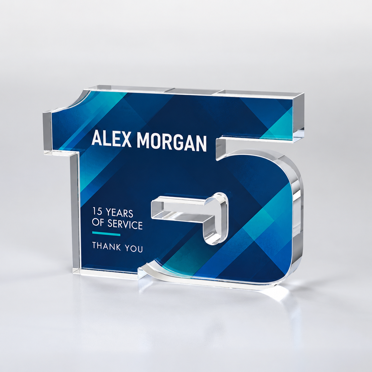 Custom full-color acrylic 15 year award — personalization example