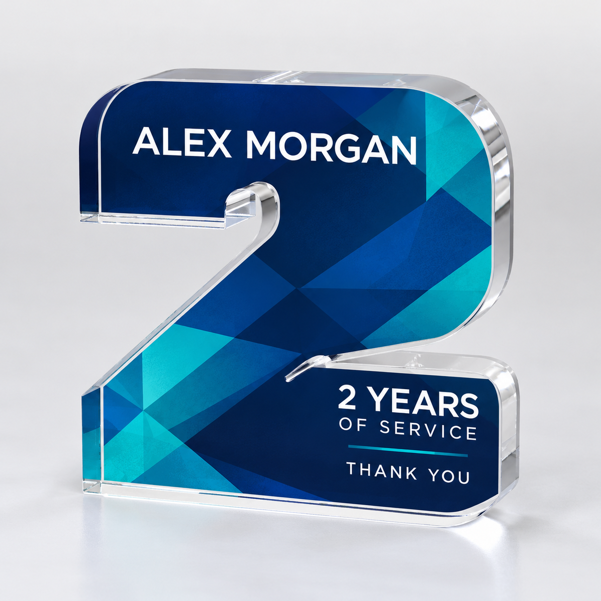 Custom full-color acrylic 2 year milestone award — personalization example
