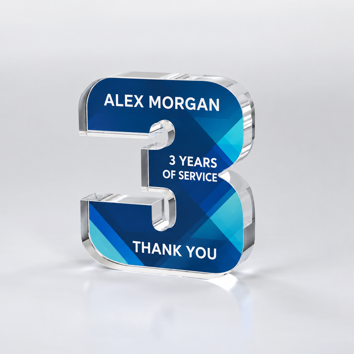 Custom full-color acrylic 3 year milestone award — personalization example
