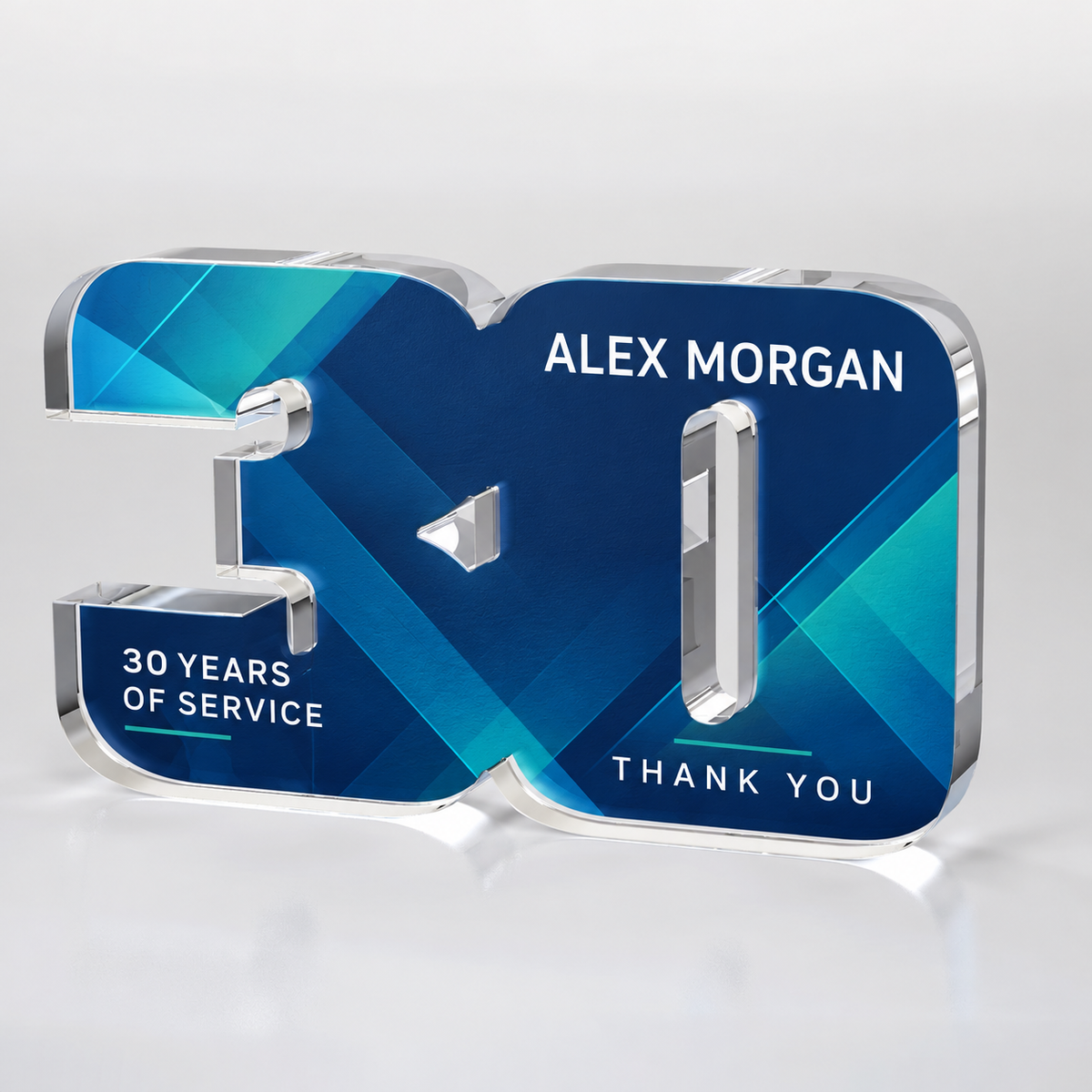 Custom full-color acrylic 30 year award — personalization example
