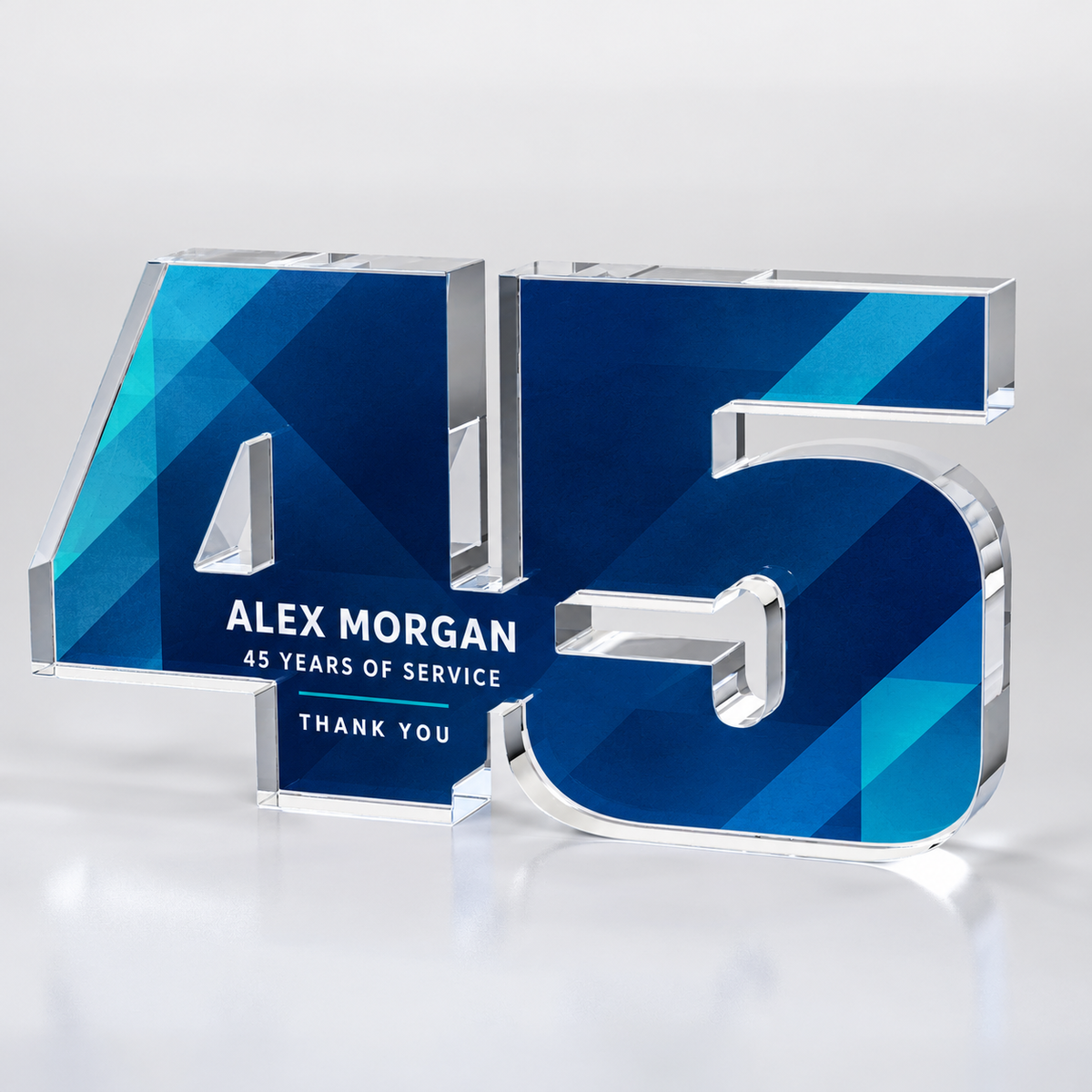 Custom full-color acrylic 45 year award — personalization example