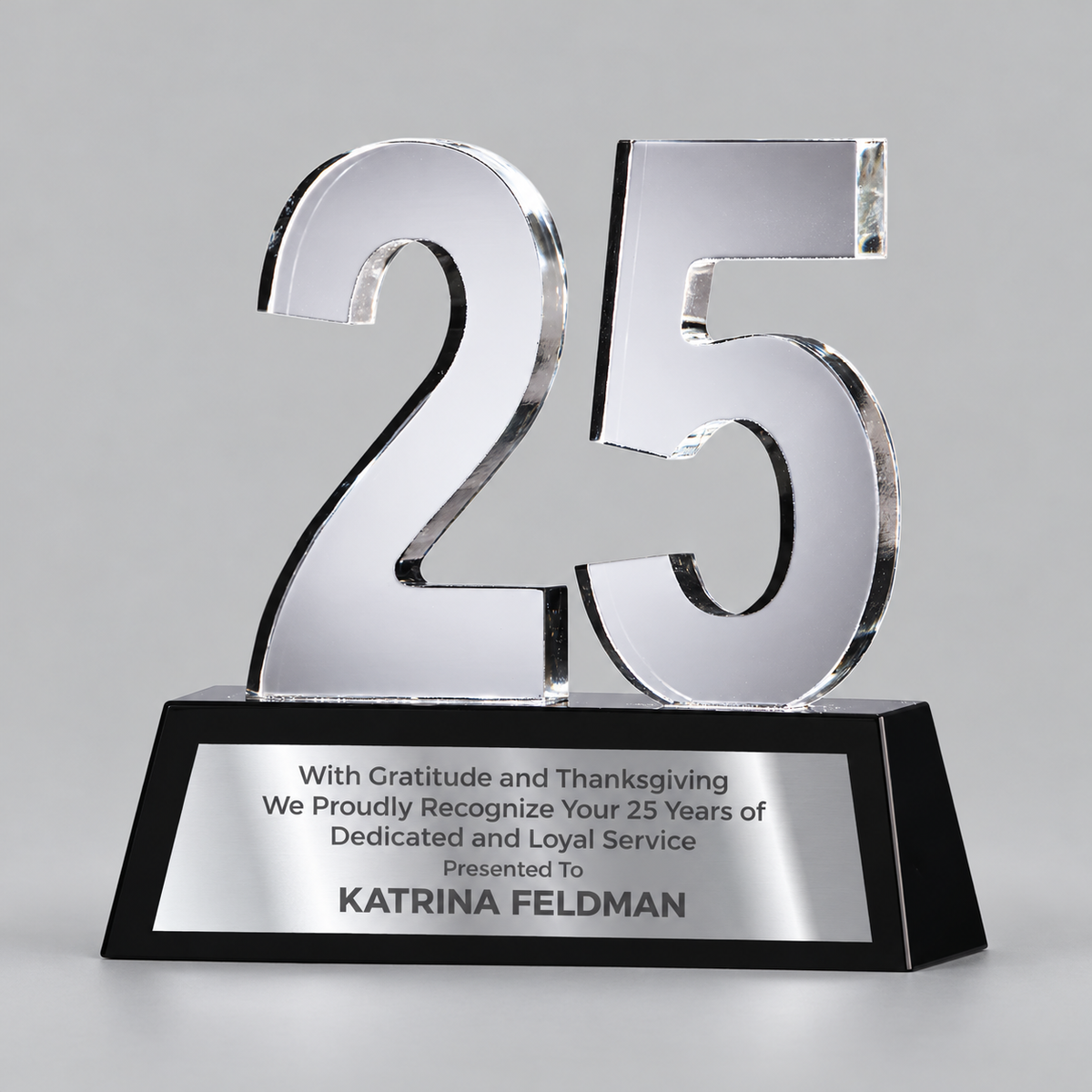 25 years of service clear crystal award with black base and personalized silver panel
