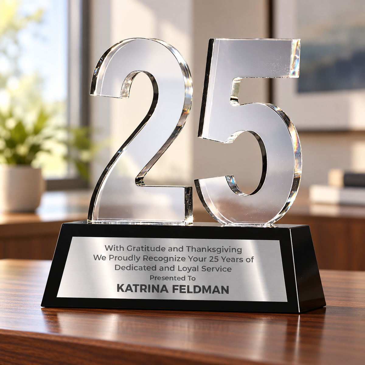Personalized 25 year crystal service award displayed on a walnut office credenza